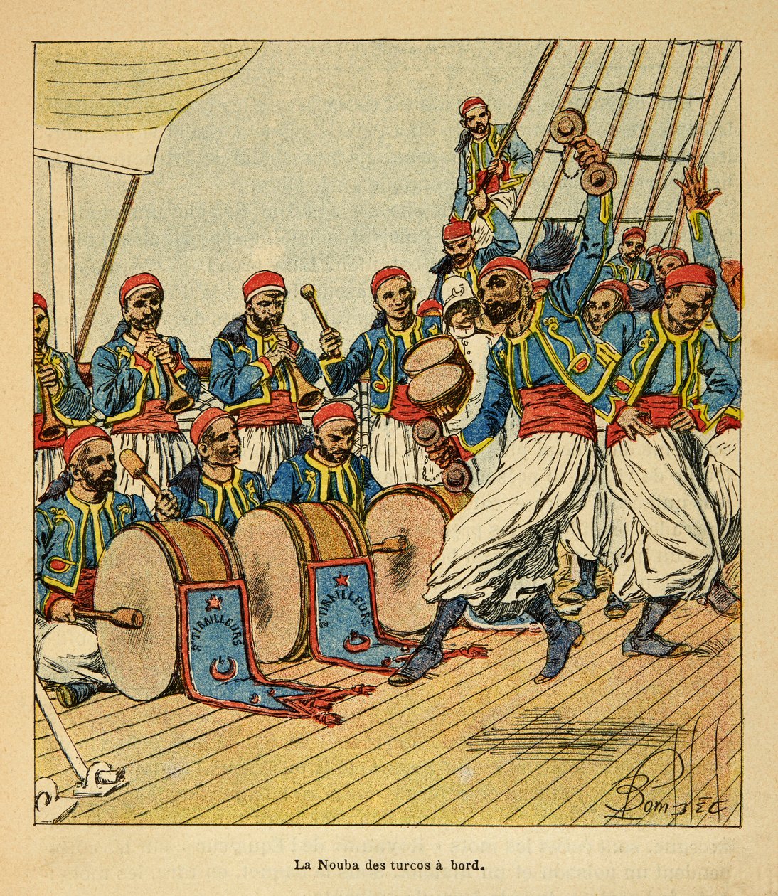 Der Krieg in Madagaskar - Anekdotische Geschichte der französischen Expeditionen von 1885-1895 von Henri Galli, illustriert von Louis Bombled: Die Nouba der Turcos an Bord des Schiffes nach Madagaskar von Louis Charles Bombled