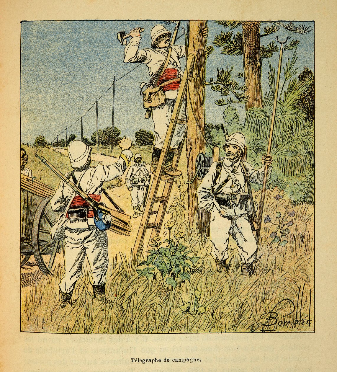 Der Krieg in Madagaskar - Anekdotische Geschichte der französischen Expeditionen von 1885-1895 von Henri Galli dit Galllichet, illustriert von Louis Bombled: Einrichtung des Feldtelegraphen durch das Militär in Madagaskar im Jahr 1895 von Louis Charles Bombled