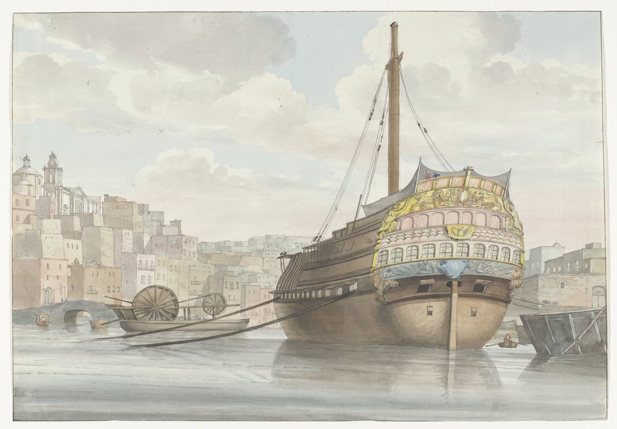Ansicht des Hafens mit Galeerenschiff in der Nähe der Werft (Voyage en Italie, en Sicile et à Malte - 1778) von Louis Ducros
