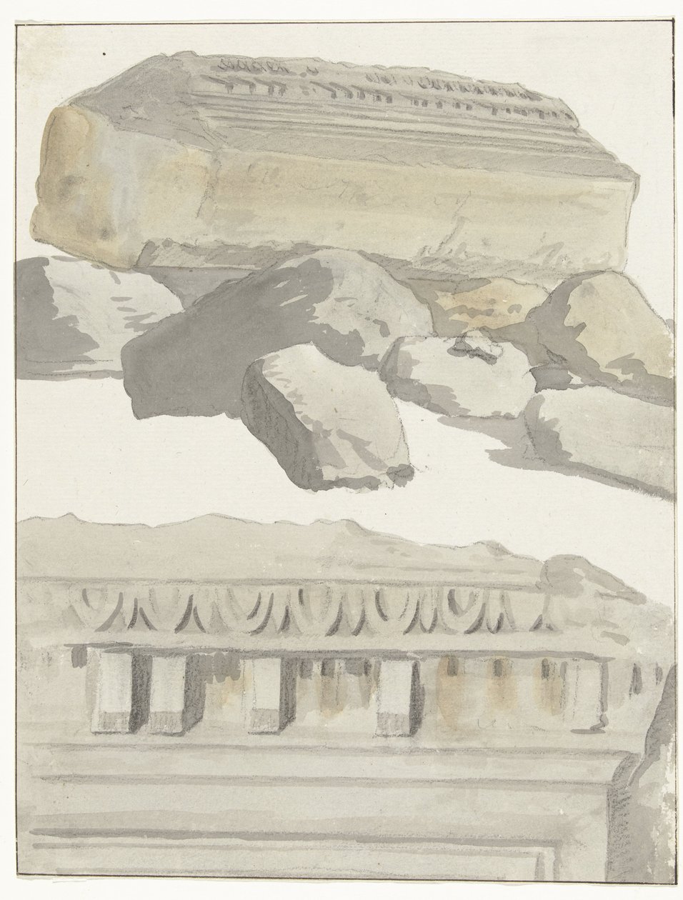 Zwei Stücke eines Architravs des antiken Tempels in der alten Stadt Manduria von Louis Ducros