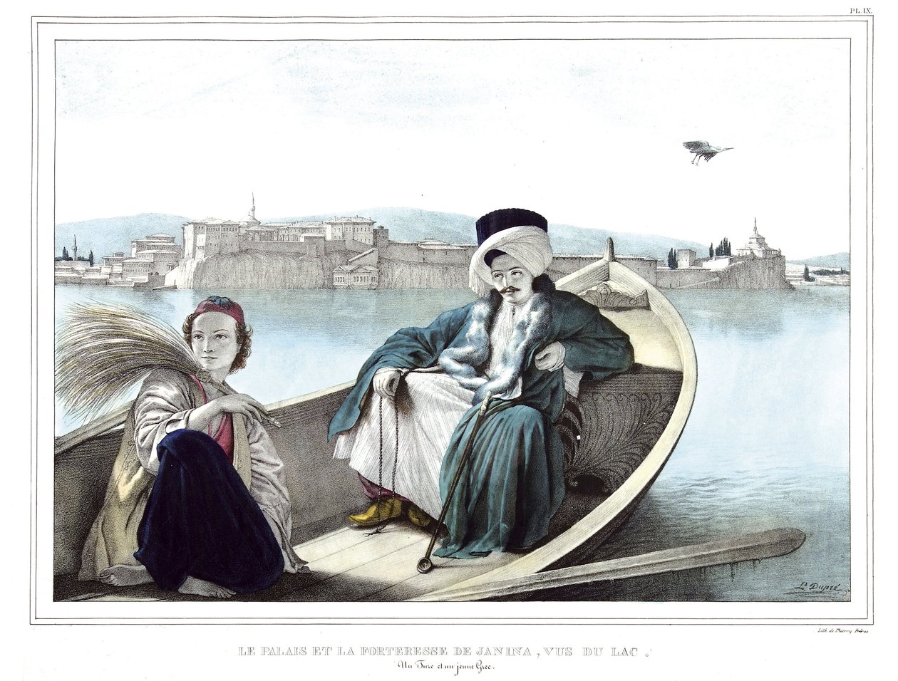 Der Palast und die Festung von Janina, vom See aus gesehen. Ein Türke und ein junger Grieche. in „Reise nach Athen und Konstantinopel, oder Sammlung griechischer und osmanischer Porträts, Ansichten und Kostüme, nach der Natur gemalt, lithographiert und kol von Louis Dupré
