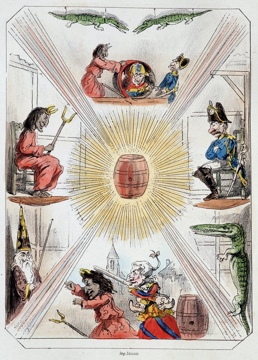 Le tonneau - Lithografie, aus Theatre des marionnettes du jardin des Tuileries, Text und Zeichnung von Louis Edmond Duranty von Louis Edmond Duranty