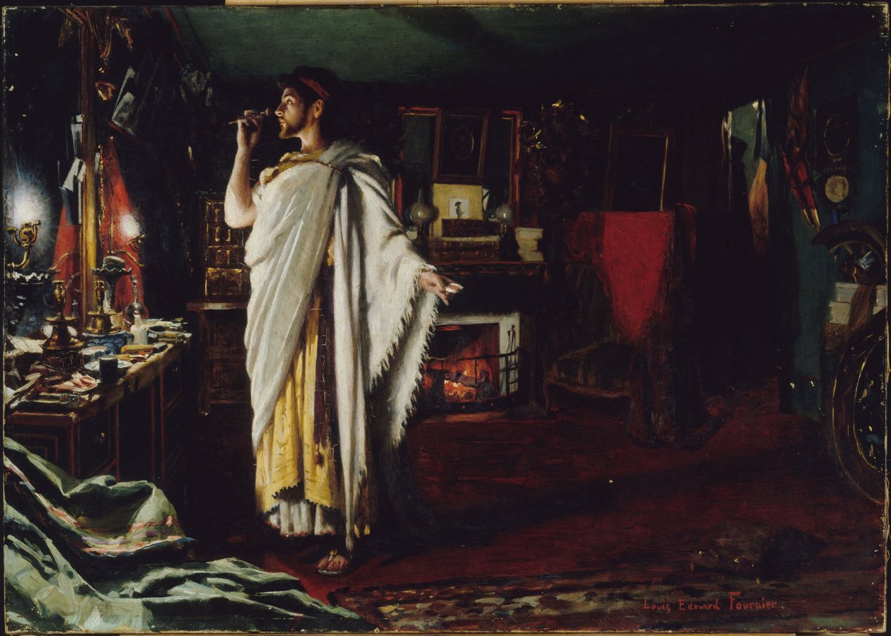 Mounet-Sully schminkt sich in seiner Garderobe vor einer Aufführung von "Œdipe roi" von Louis Edouard Paul Fournier