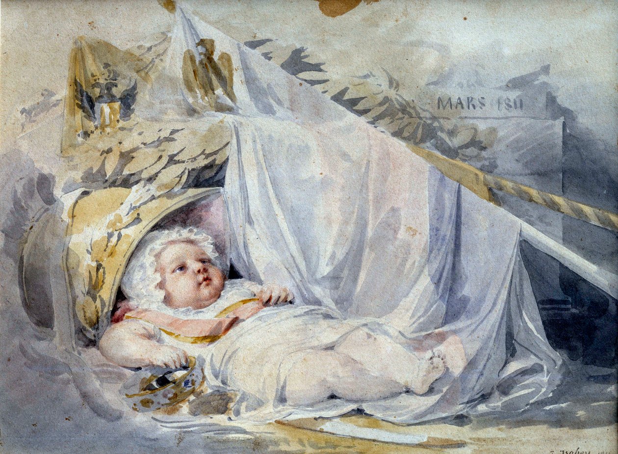 König von Rom Napoleon II., Herzog von Reichstadt (1811-1832), Sohn von Kaiser Napoleon I. (1769-1821) als Neugeborener. Schwarzer Stein und beige Lava auf Papier von Eugène Isabey (1803-1886) März 1811 Paris, Musée du Louvre von Louis Eugene Gabriel Isabey
