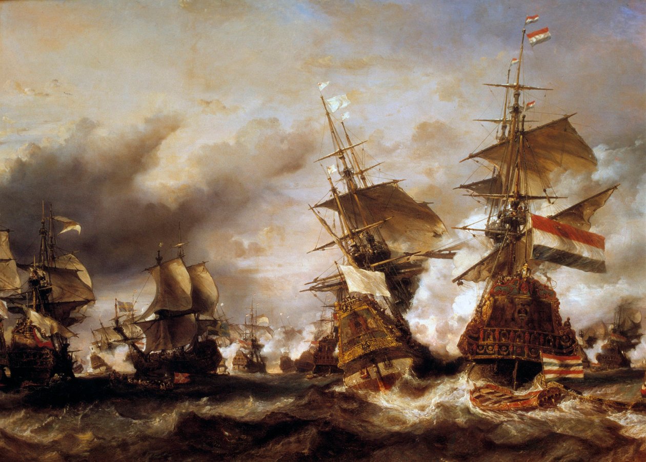 Krieg gegen die Liga von Augsburg: „Schlacht von Texel am 29.06.1694, Sieg von Jean Bart (1650-1702) über das niederländische Geschwader des Admirals von Friesland“. Die Franzosen erobern niederländische Schiffe mit Weizenladung. Gemälde von Louis Gabriel  von Louis Eugene Gabriel Isabey