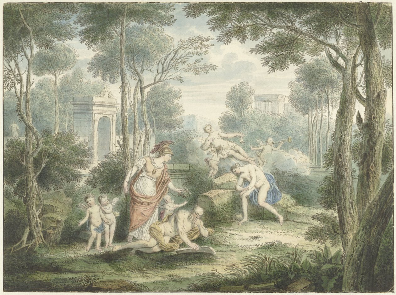 Arkadische Landschaft mit Athene, die einen alten Mann krönt, und Venus und Adonis von Louis Fabritius Dubourg