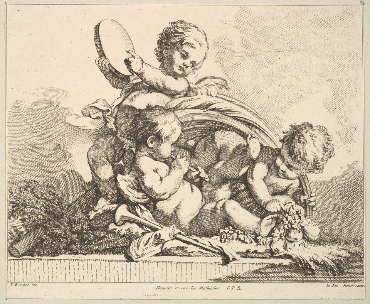Drei Cupidos, zwei spielen Musik, einer hält Palmblätter von Louis Felix de la Rue