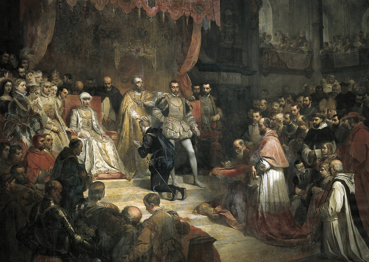 Die Abdankung von Karl V. (1500-1558) zugunsten seines Sohnes Philipp II. (1527-1598) von Louis Galna