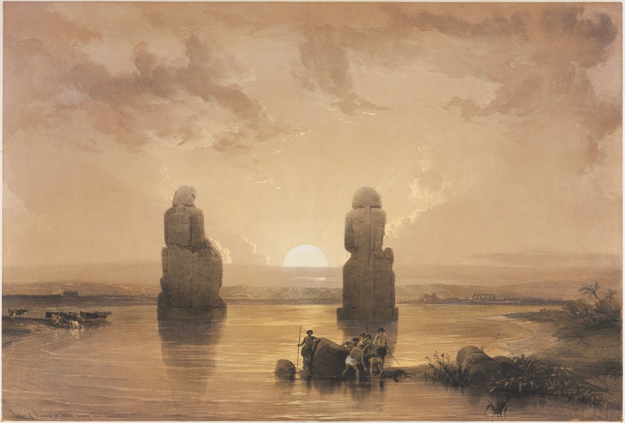 Ägypten und Nubien, Band II: Statuen von Memnon in Theben während der Überschwemmung, 1848 von Louis Haghe