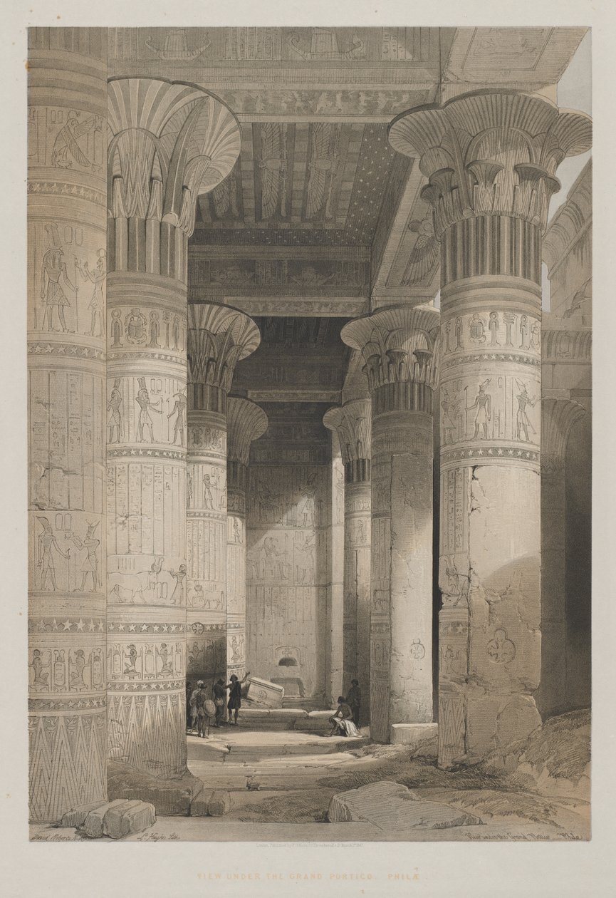 Ägypten und Nubien, Band I: Ansicht unter dem großen Portikus des Tempels, Philae, 1846 von Louis Haghe