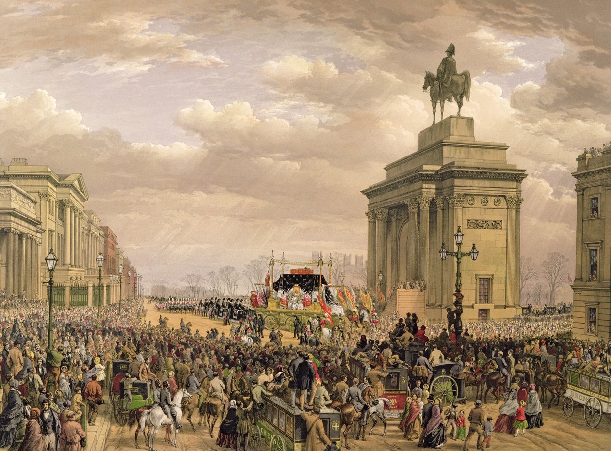 Beerdigung des Herzogs von Wellington, der Leichenwagen passiert den Torbogen am Apsley House, 18. November 1852, graviert von Thomas Picken, veröffentlicht von Ackermann und Day, 1853 von Louis Haghe