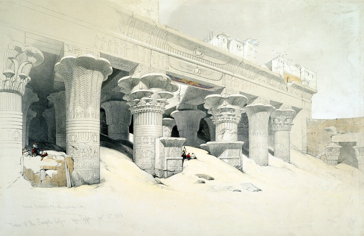 Portikus des Sandsteintempels von Edfu, der dem falkenköpfigen Gott Horus gewidmet ist, Ägypten, 1838 von Louis Haghe