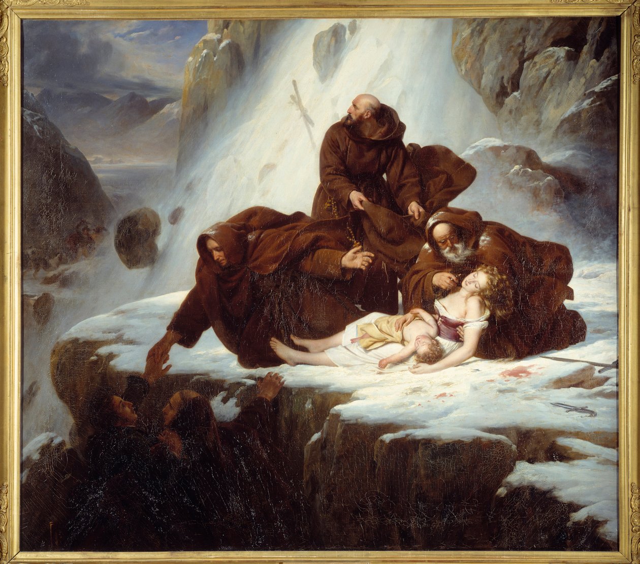 Die Ordensleute im Hospiz von Saint Gotthard (San Gottardo), die Familien helfen, die von Räubern betroffen sind von Louis Hersent