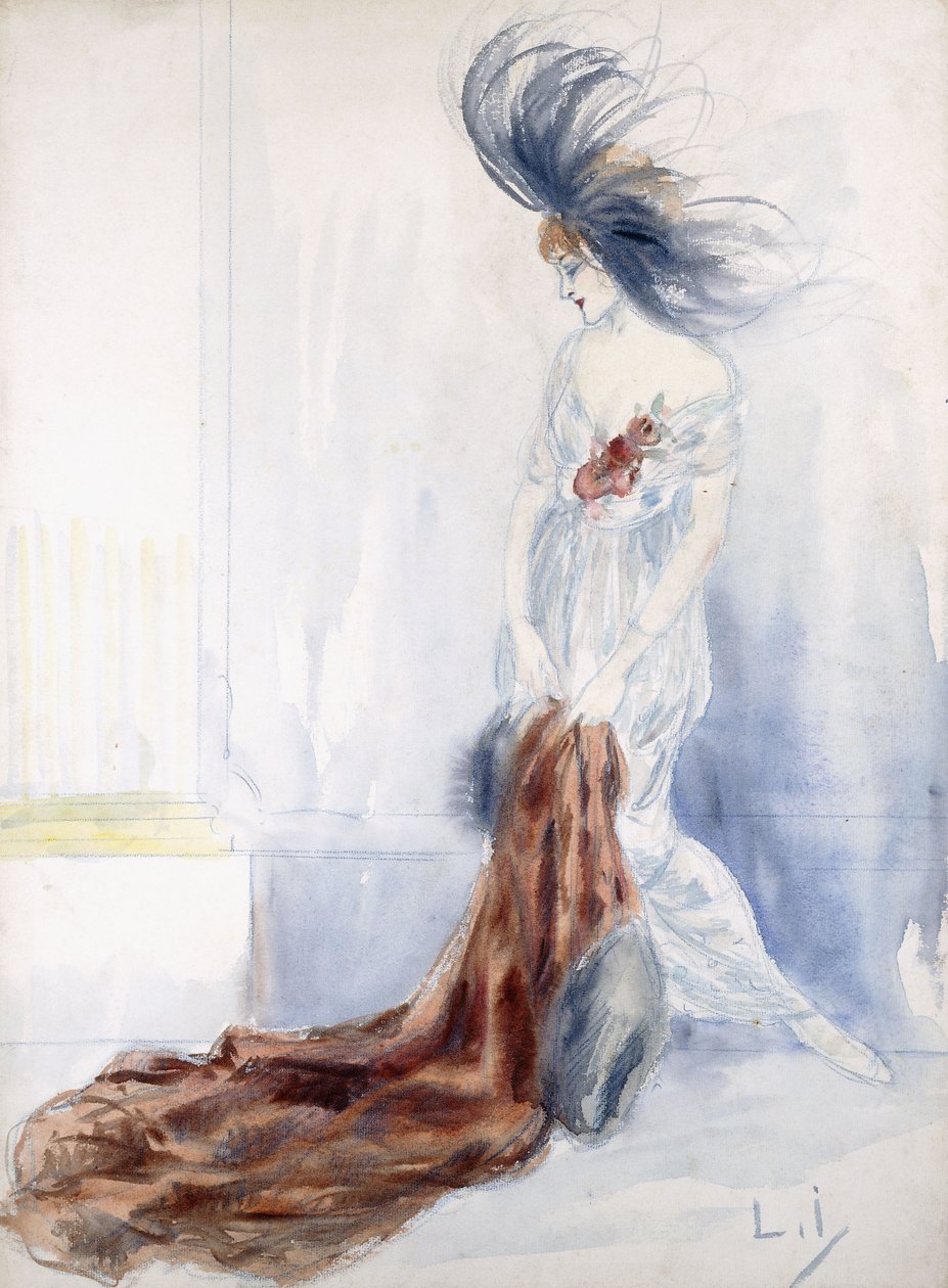 Elegante Dame mit Federhut und Pelzmantel von Louis Icart