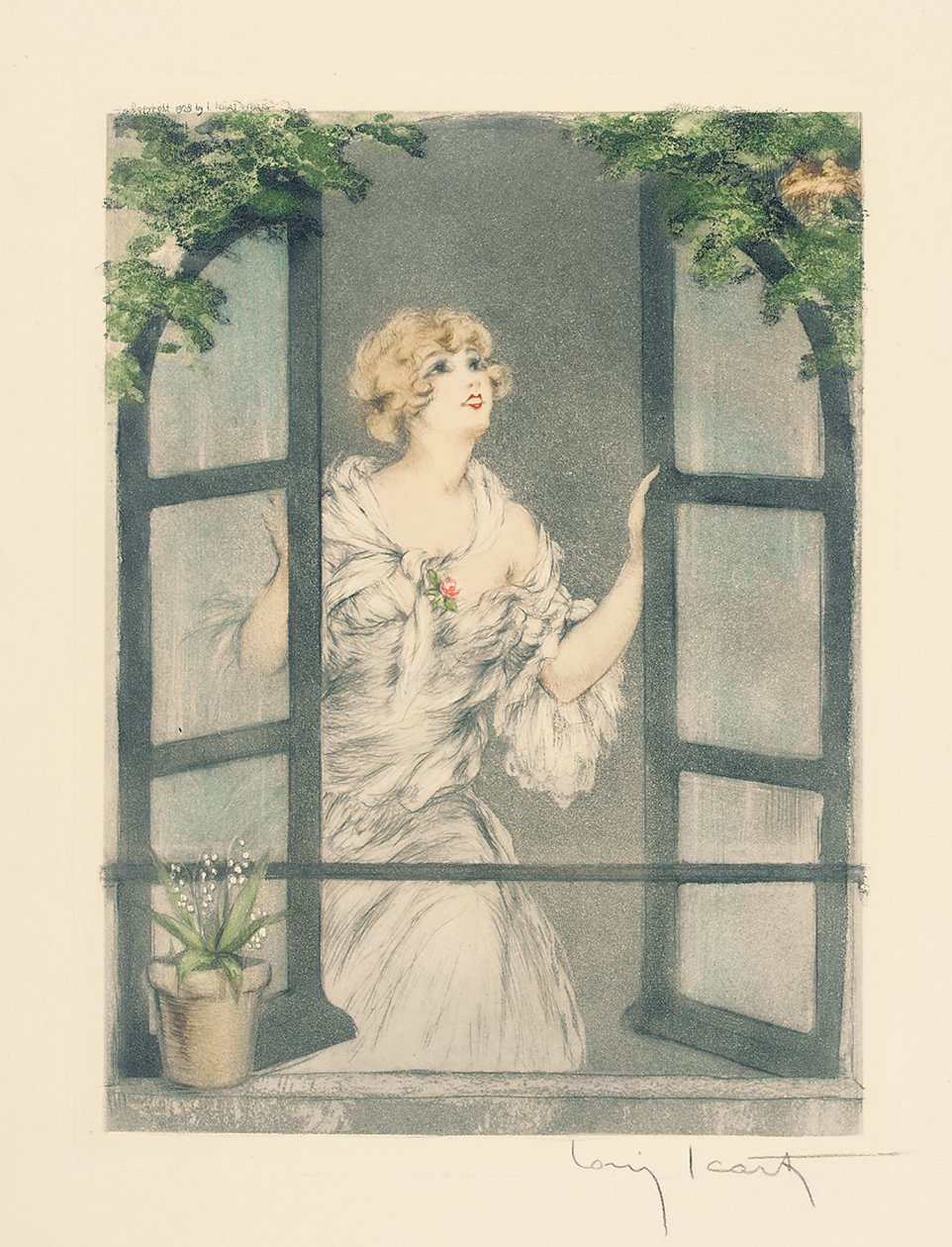 Die Vier Jahreszeiten: Frühling, ca. 1928 (handkolorierte Radierung & Aquatinta) von Louis Icart