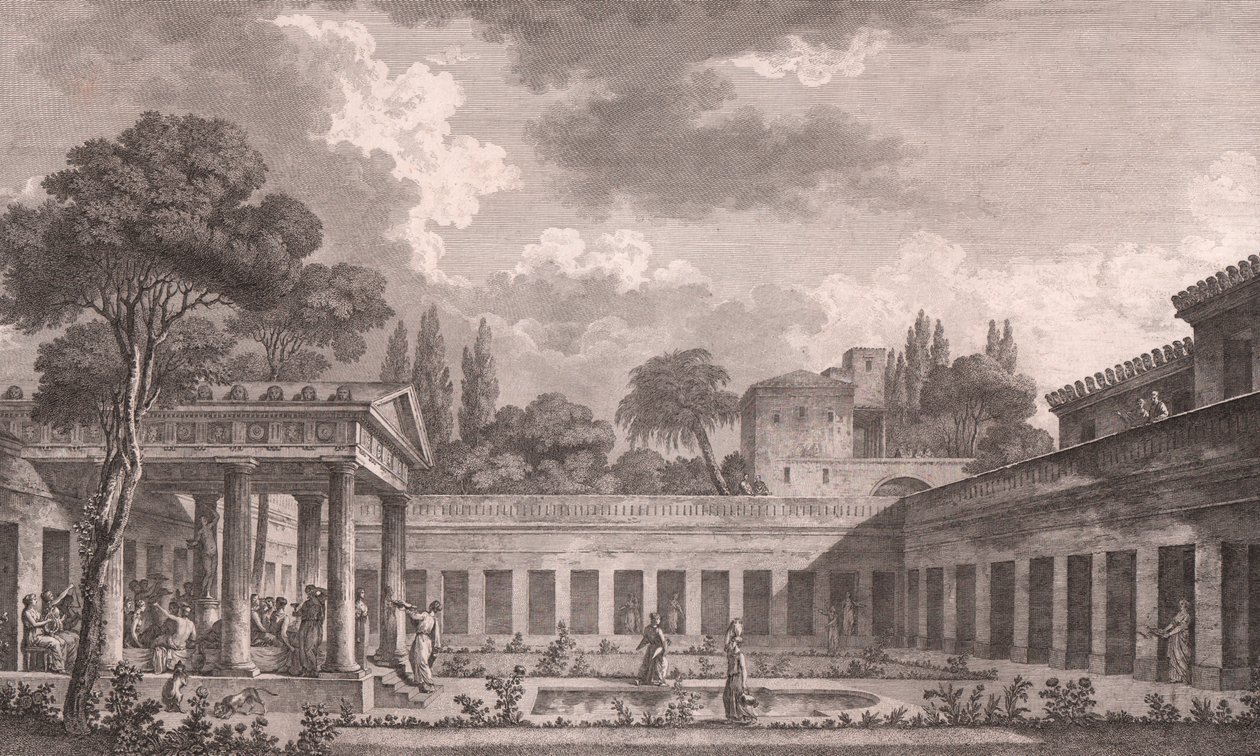 Ideale Rekonstruktion der Villa des Diomedes in Pompeji in ihrem ursprünglichen Zustand vor dem Vulkanausbruch des Vesuvs im Jahr 79 n. Chr., Kampanien, Italien, Radierung nach einer Zeichnung von Louis Jean Desprez (1743-1804) von Louis Jean (after) Desprez