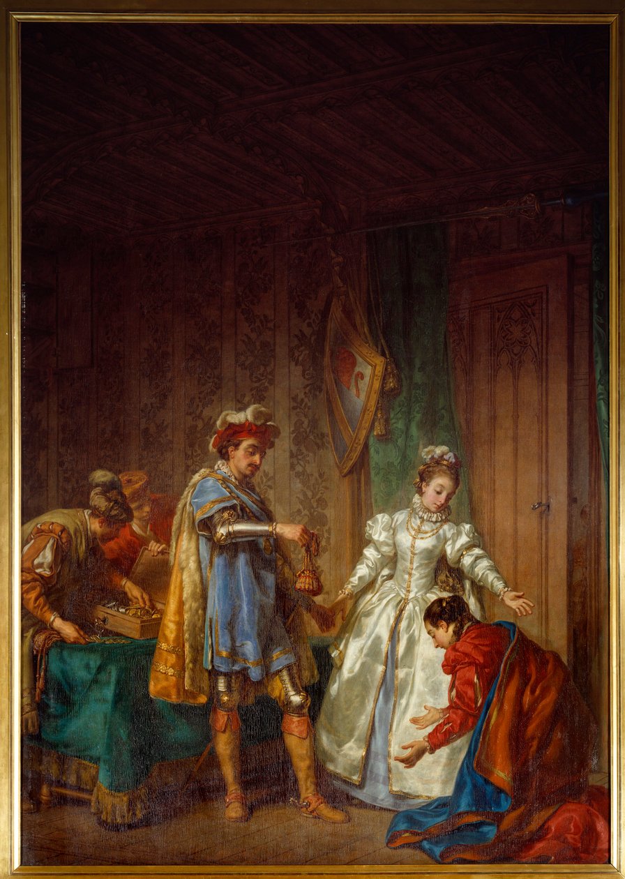 Die Enthaltsamkeit von Bayard. Der Ritter Pierre Terrain, Herr von Bayard (1476-1524) gibt einem armen und jungfräulichen Mädchen ein Stipendium, damit sie ehrlich heiraten kann von Louis Jean Jacques Durameau