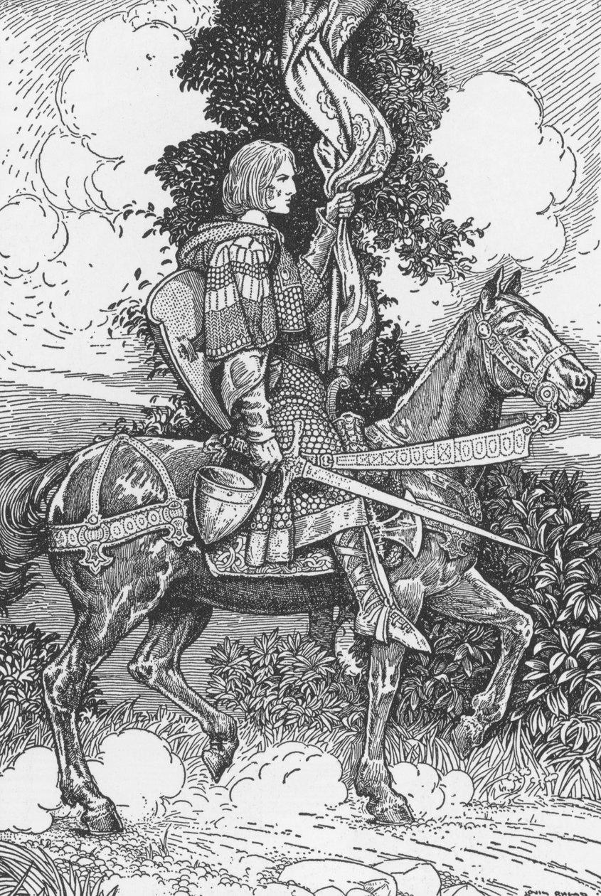 Sir Tristam reitet zum Schloss Tintagel Illustration von Louis Rhead (1858-1926) aus „King Arthur and his knights“ 1923 Private Sammlung von Louis John Rhead