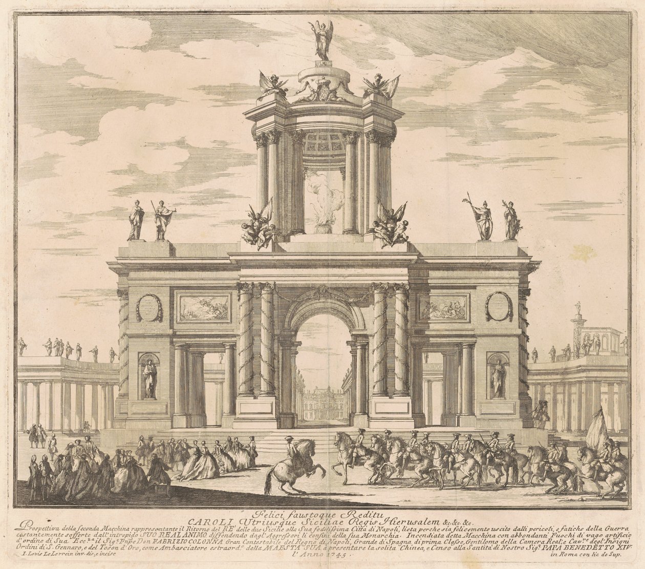 Die zweite Maschine für die Chinea von 1745: Triumphbogen für die Rückkehr von König Karl von Bourbon nach Neapel von Louis Joseph Le Lorrain