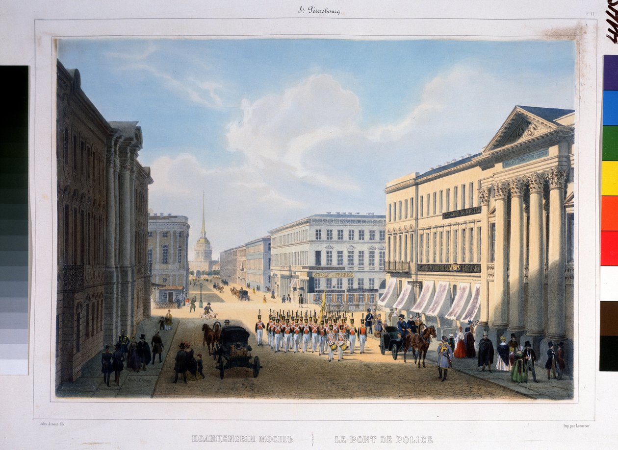 Die Polizeibrücke in St. Petersburg, Blick auf den Newski-Prospekt vom Stroganow-Palast von Louis Jules Arnout