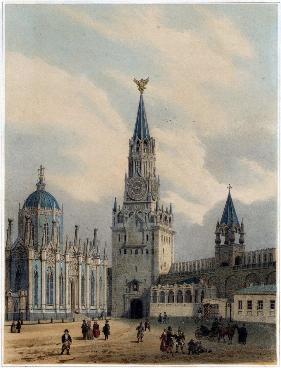 Ansicht des Turms des Heiligen Erlösers (oder des Spasskaja-Turms) und der Kathedrale der Heiligen Katharina des Himmelfahrtsklosters im Moskauer Kreml) Lithographie von Louis Jules Arnout (1814-1868) von Louis Jules Arnout