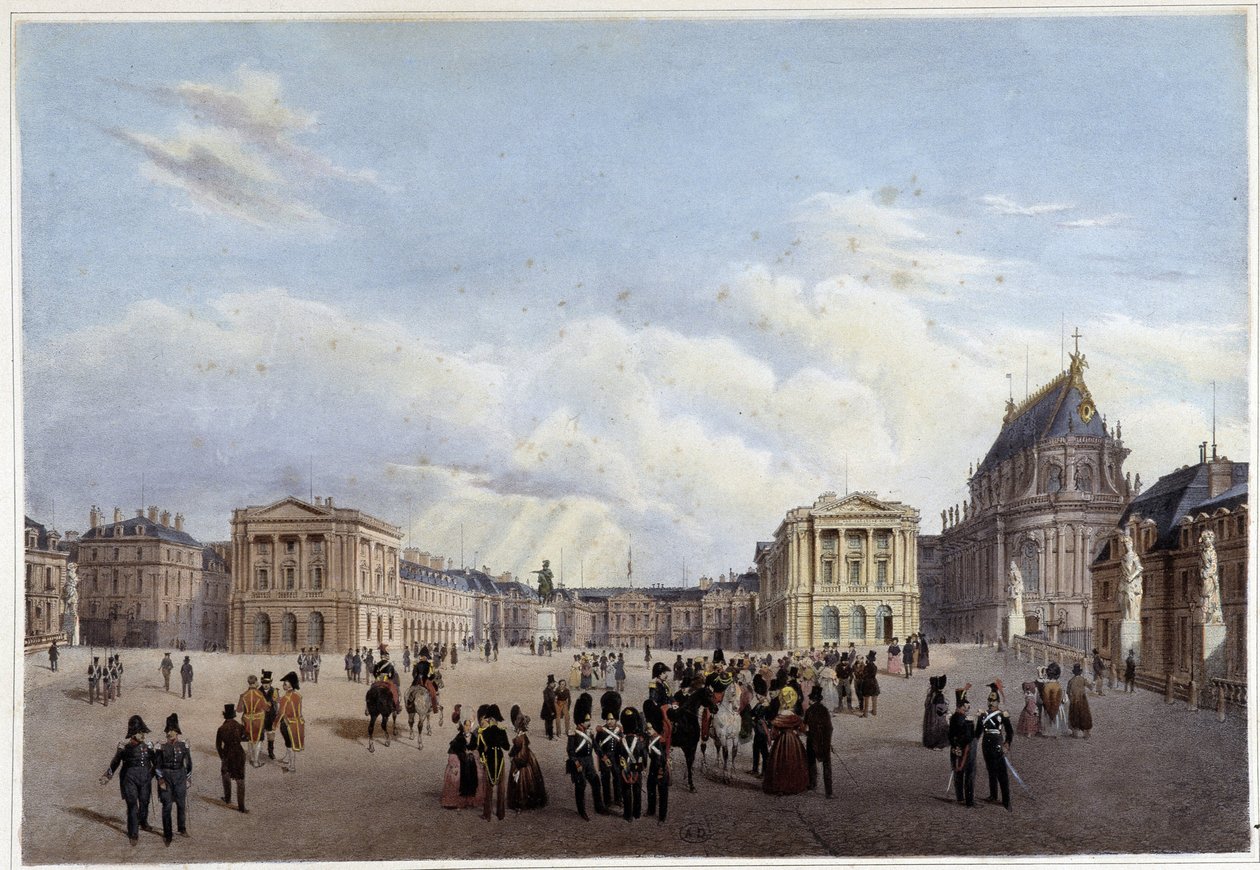 Der Ehrenhof des Schlosses von Versailles - aus „Promenade dans Paris et ses environs“, entworfen von Jacottet und Benoist, ca. 1840 von Louis Julien Jacottet