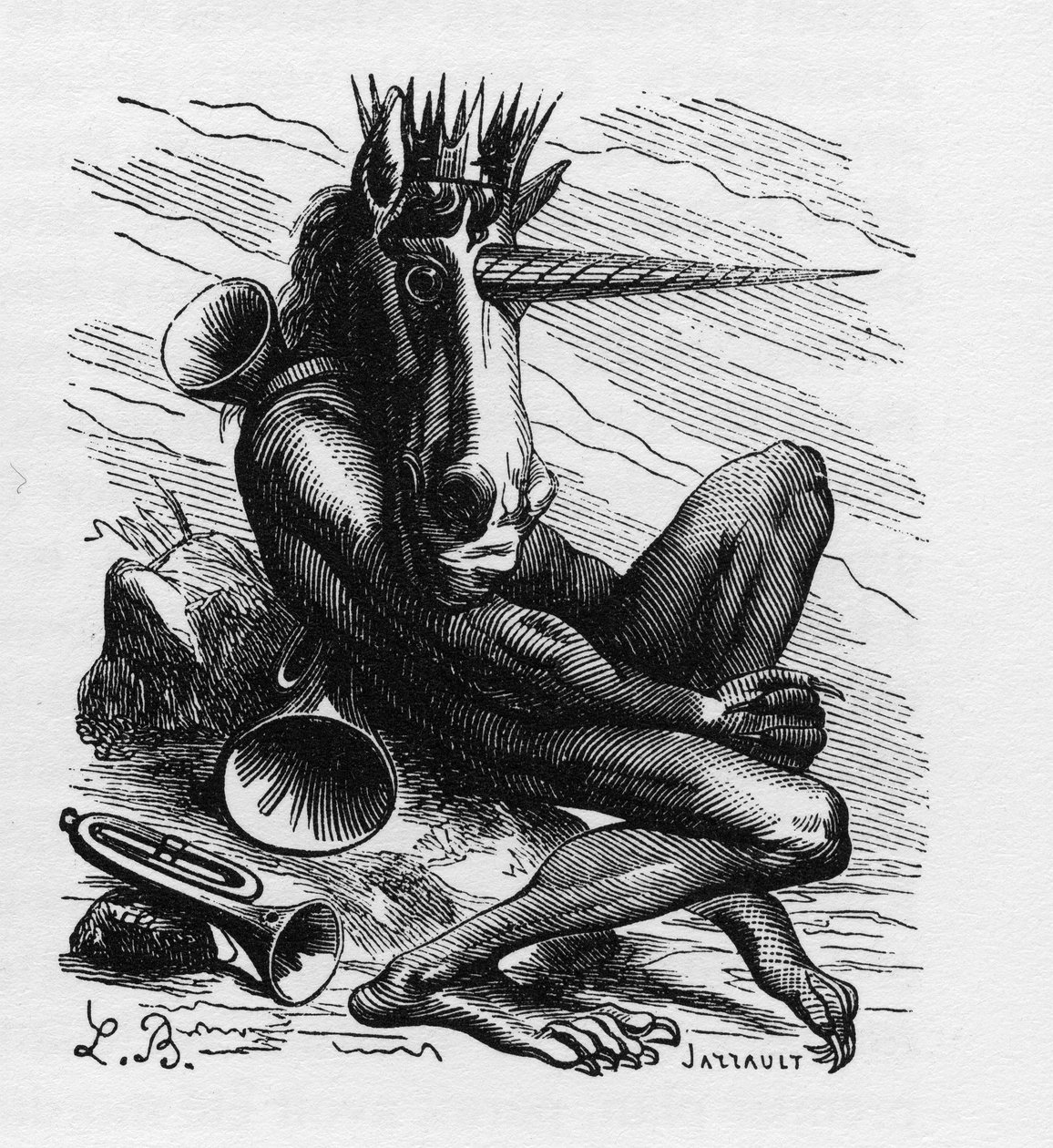 Amduscias Dämon in der Ars Goetia - Amdusias - Dämon aus den goetischen Überzeugungen (Kunst und Praxis der Dämonenbeschwörung) - in „Das infernale Wörterbuch“ von Collin de Plancy - Gravur von L. Breton. Paris von Louis Le Breton