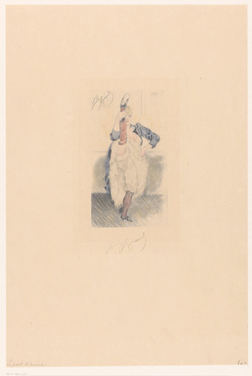 Cancan-Tänzerin mit gestrecktem Bein und Arm in der Hüfte von Louis Legrand (signed by artist)