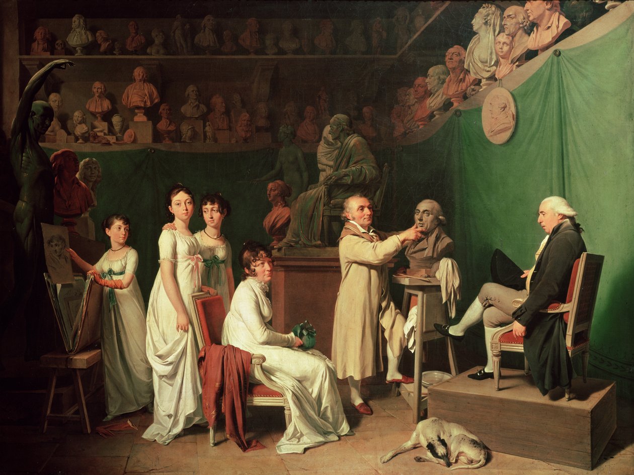 Jean Antoine Houdon modelliert die Büste von Pierre Simon Marquis de Laplace in Anwesenheit seiner Frau und Töchter, 1804 von Louis Leopold Boilly