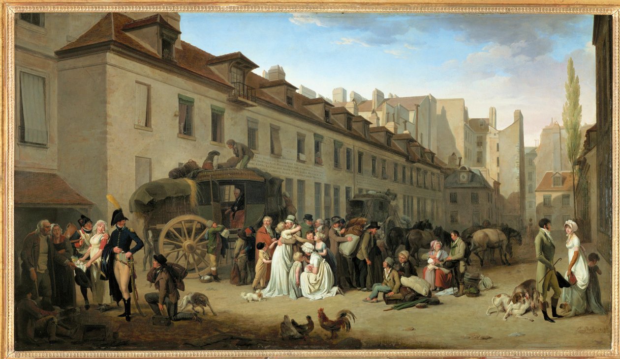 Die Ankunft einer Kutsche im Hof der Messageries, Rue Notre-Dame-des-Victoires, in Paris von Louis Leopold Boilly