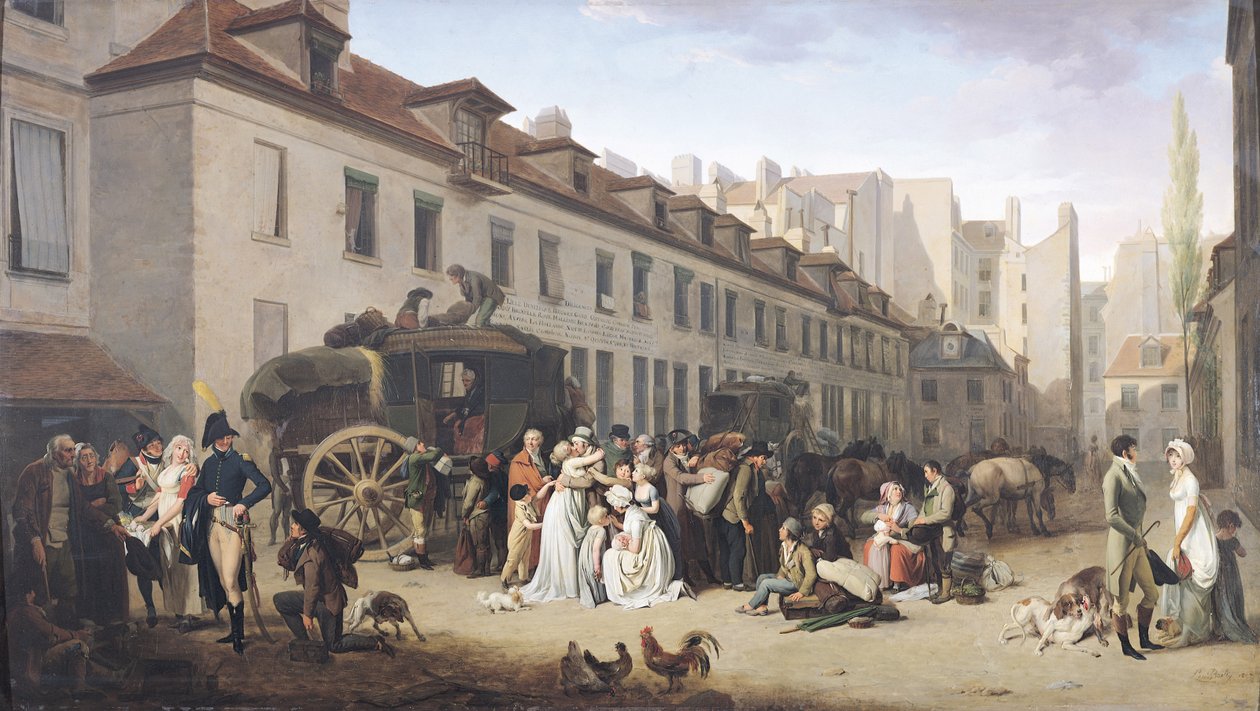 Die Ankunft einer Postkutsche am Endpunkt, rue Notre-Dame-des-Victoires, Paris von Louis Leopold Boilly