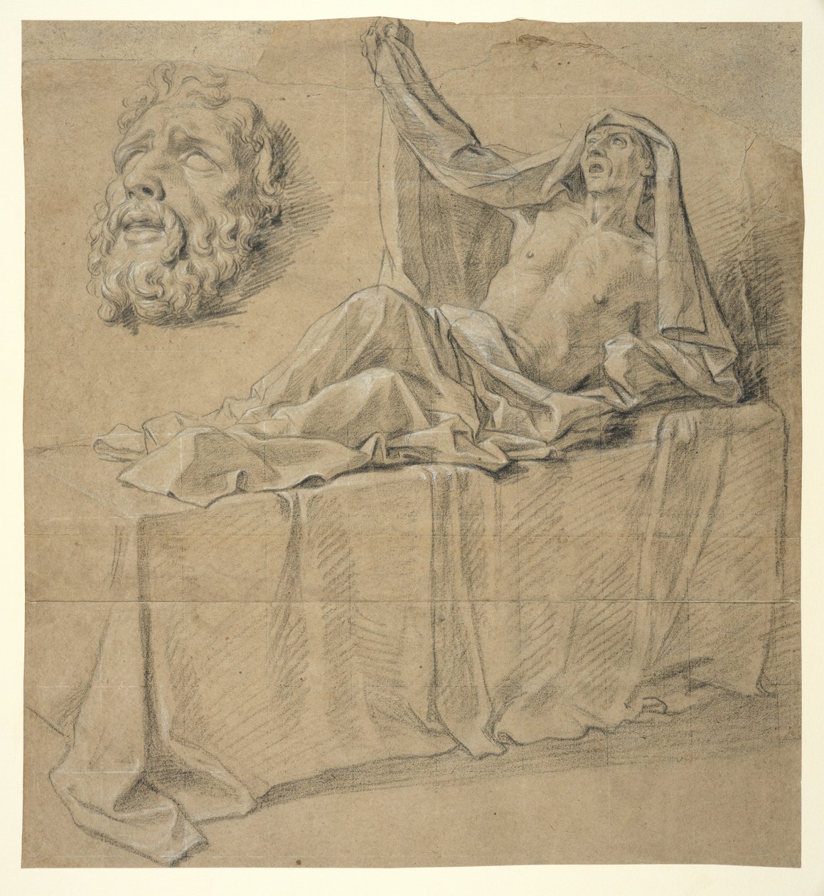 Liegende Figur und Maske eines bärtigen Mannes, Studie für "Das Begräbnis des Diakons Raymond" (Louvre) von Louis Licherie de Beuron (attr. to)