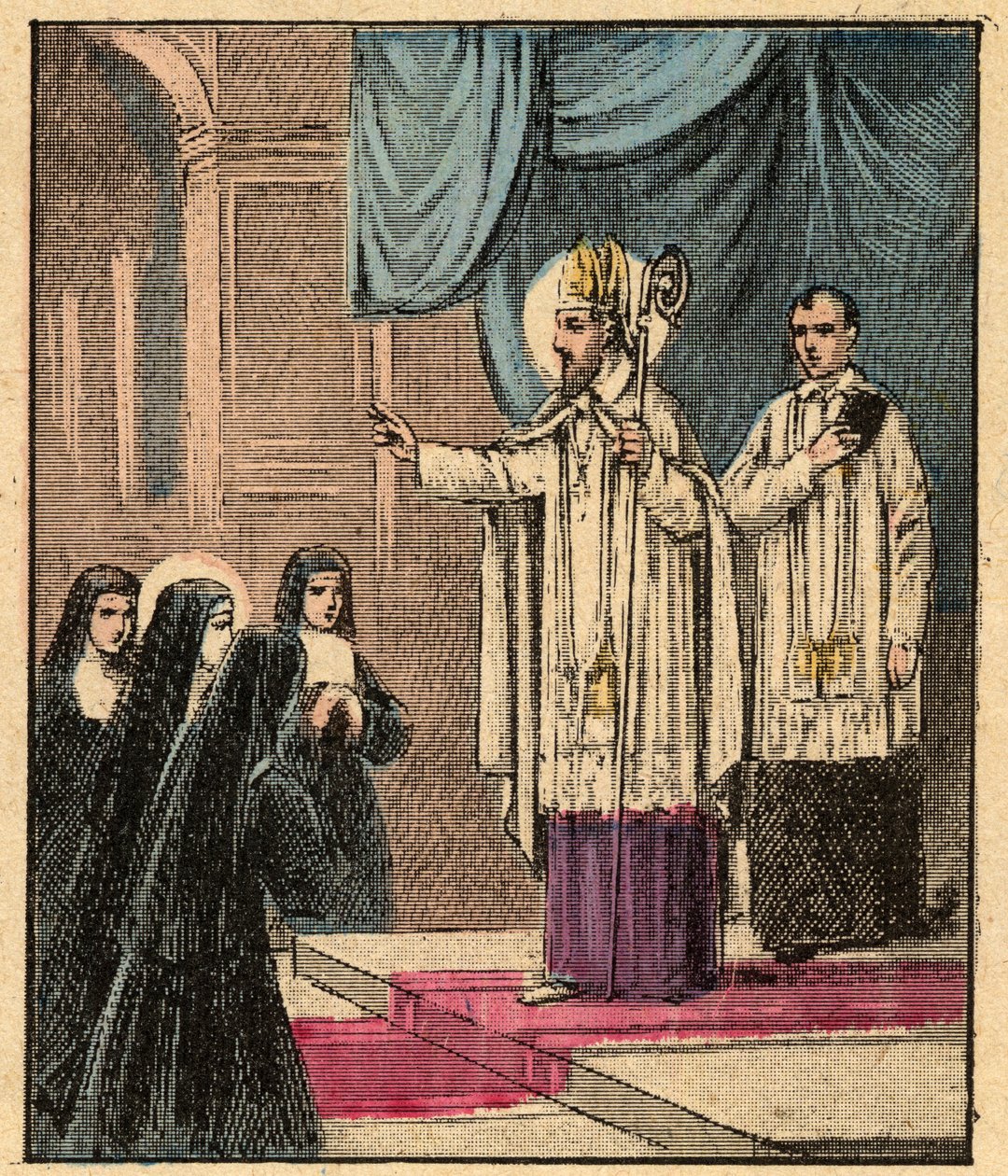 Orden der Heimsuchung Mariens - St. Franz von Sales - Francois de Sales gründete den Orden der Heimsuchung mit Madame de Chantal (Jeanne Francoise Fremyot de Chantal) (1572-1641) - Gravur aus Religiöse Lehre durch die Augen. Wunderbares Album von Louis Mai von Louis Maitrejean