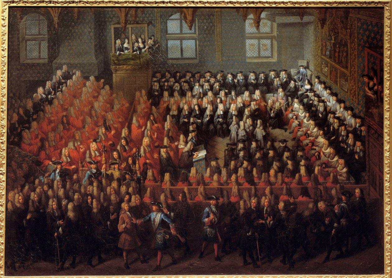 Bett der Gerechtigkeit, gehalten von Ludwig XV (1710-1774) in der Großen Kammer des Parlaments von Paris, um das Testament von Ludwig XIV (1638-1715) zu brechen von Louis Michel Dumesnil