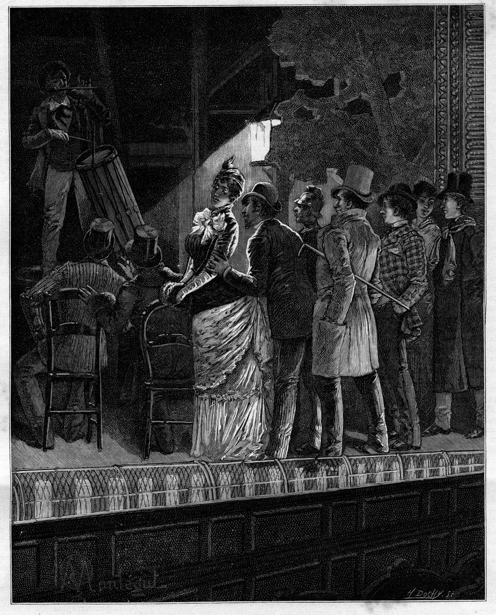 Welchen Effekt, großer Gott, hatte diese rustikale Musik auf dieses skeptische Publikum... Zuschauer hören einem Trommler zu. In „Trente ans de Paris“, autobiografische Sammlung von Alphonse Daudet (1840-1897). Gravur nach Monteguts Illustrationen von Louis Montegut