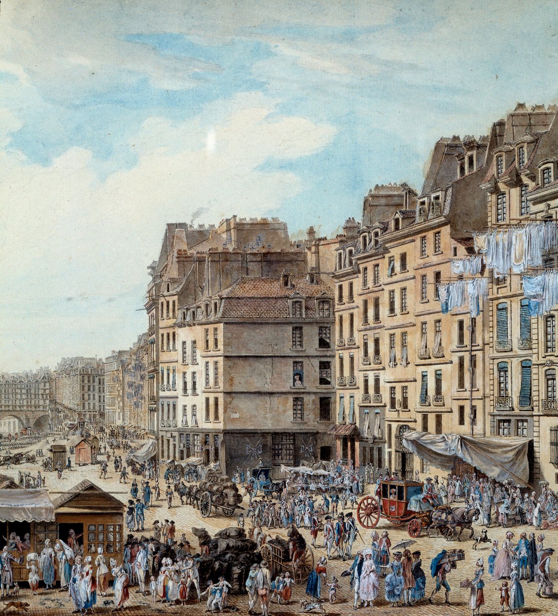 Maritimes Leben an den Docks des Hafens in Paris im Jahr 1782. Penichen und kommerzielle Aktivitäten an der Seine. Detail. Zeichnung von Louis de Lespinasse (1734-1808) 1782 von Louis Nicolas de Lespinasse