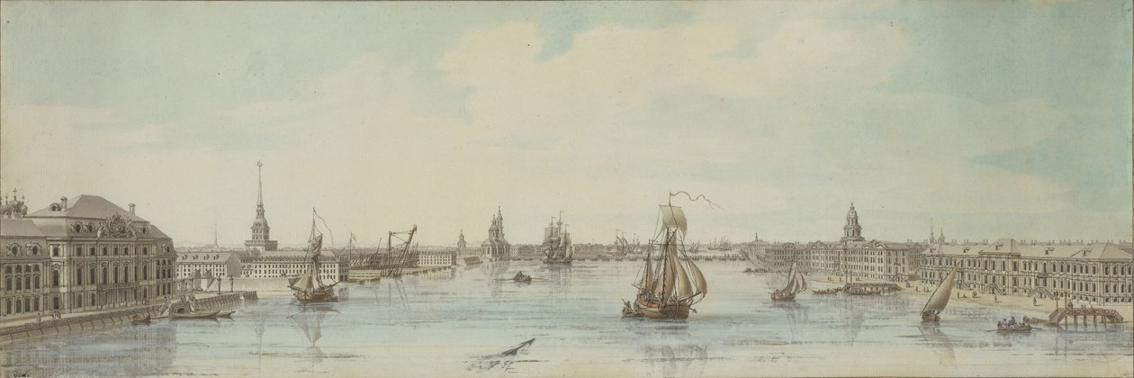 Blick auf die Ufer des Flusses Newa zwischen dem Winterpalast und der Akademie der Wissenschaften von Louis Nicolas de Lespinasse