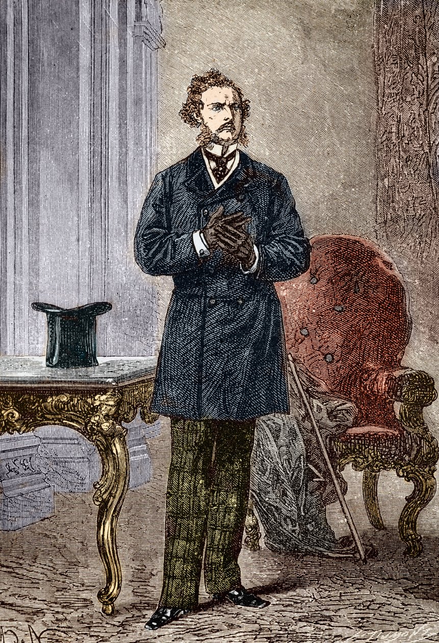 Porträt von Phileas Fogg, Charakter aus „In 80 Tagen um die Welt“ von Jules Verne, illustriert von Louis Paul Pierre Dumont (1822-1882) im Jahr 1872 von Louis Paul Pierre Dumont