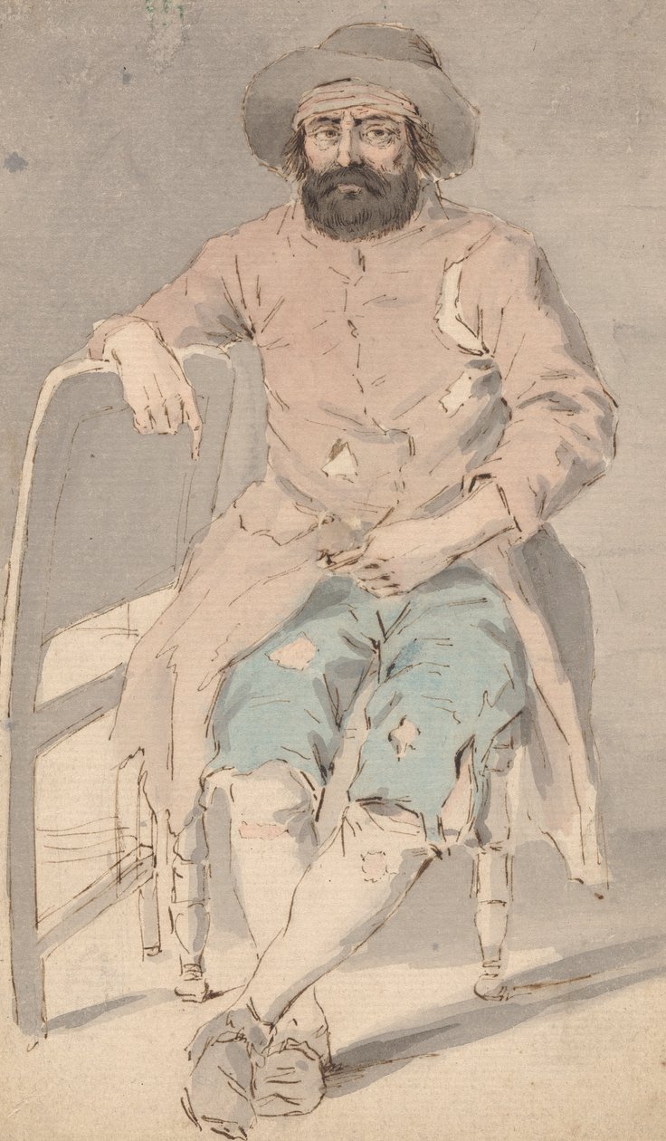 Mann in zerlumpter Kleidung, der mit dem rechten Arm über einem anderen Stuhl sitzt von Louis Philippe Boitard