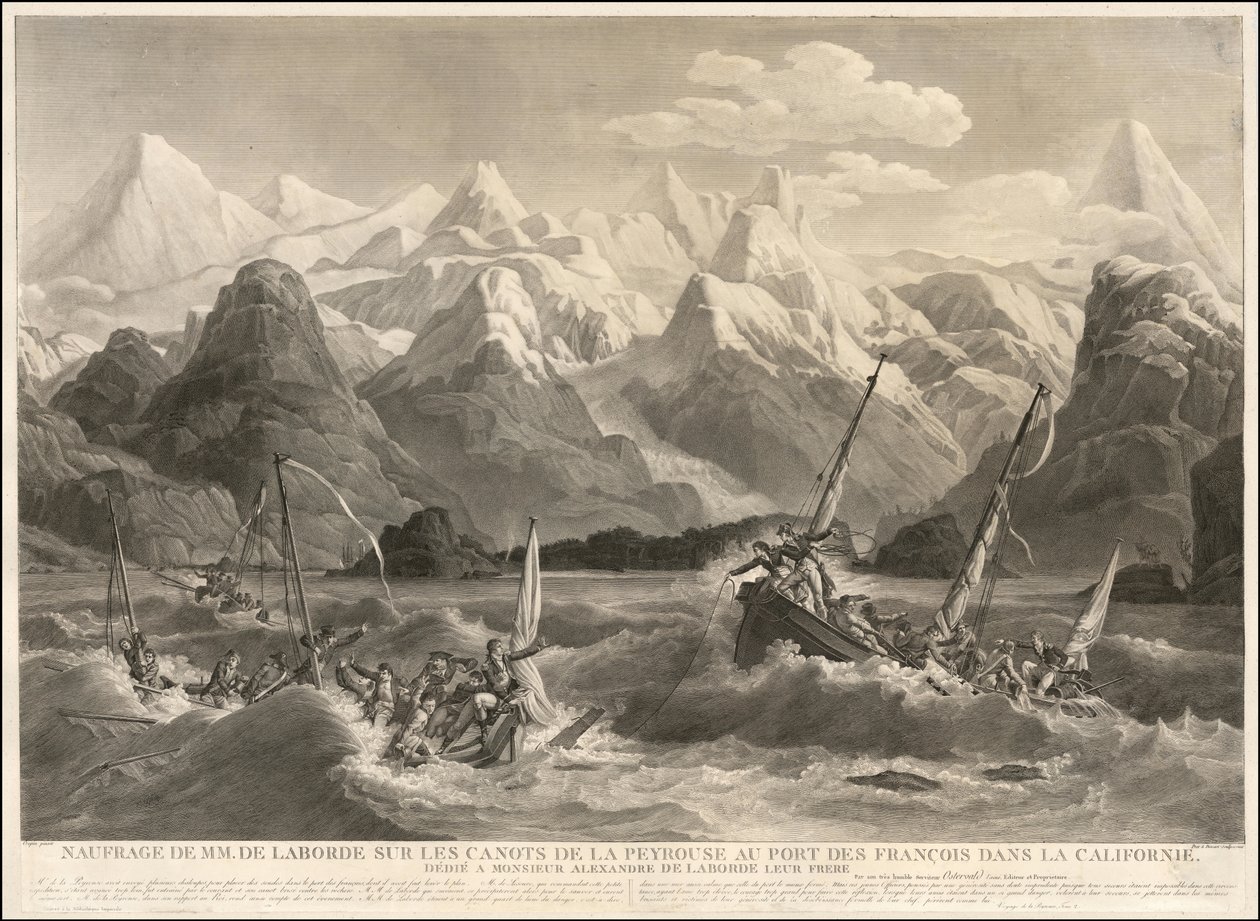 1786 Gravur eines Schiffswracks von zwei kleinen Booten, die Teil der La Perouse Expedition waren von Louis Philippe Crepin