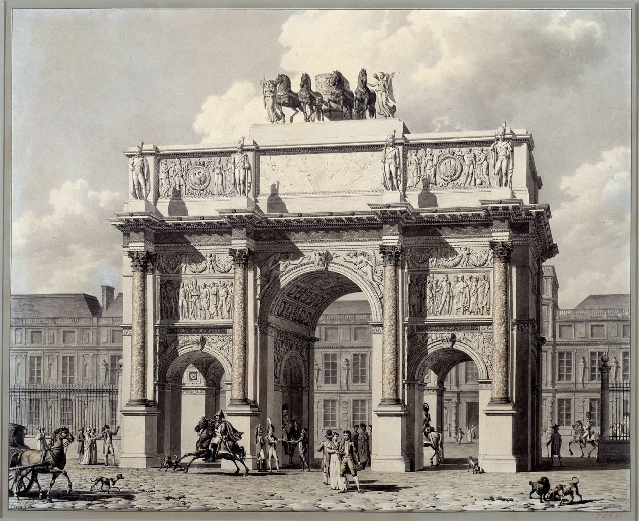 Ansicht des Triumphbogens des Karussells in Paris. Zeichnung in Feder und Tinte mit Lavierung von Pierre Louis Balard (1764 - 1846) von Louis Pierre Baltard