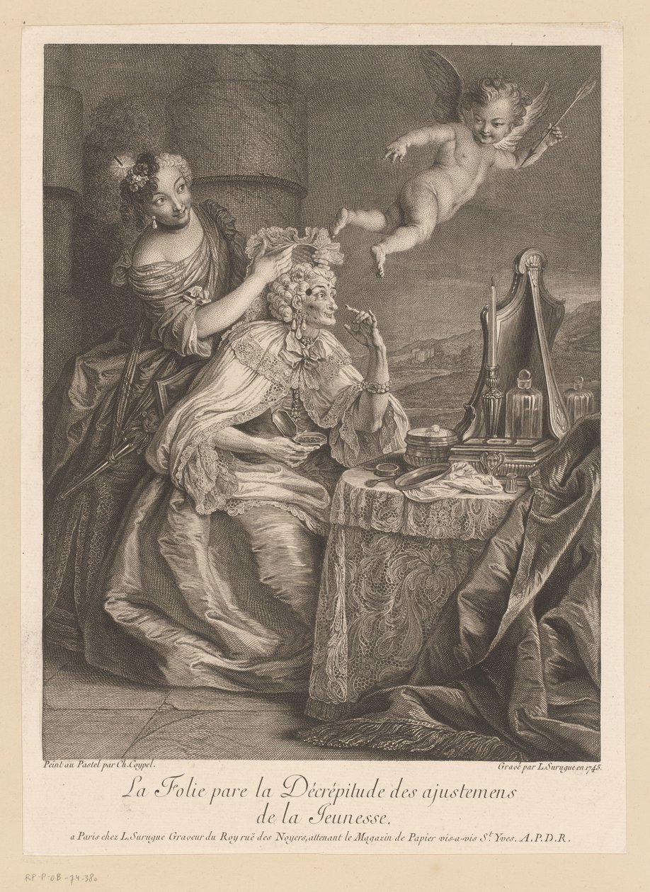 Hofdame hilft alter Dame bei der Tarnung von Alterserscheinungen von Louis Surugue
