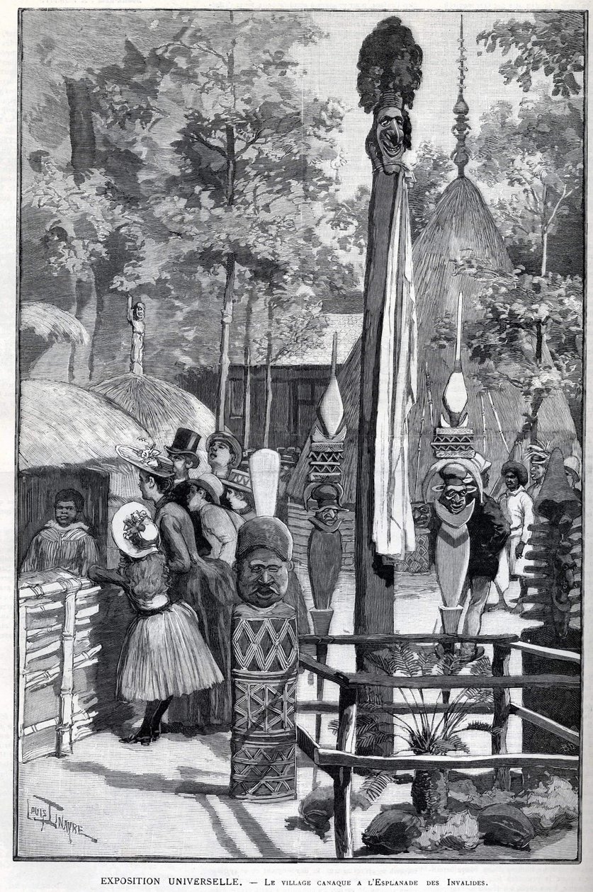 Exposition Universelle 1889 - Das Canaque-Dorf an der Esplanade des Invalides (die Canaques während der Ausstellung: Zoo Humane). Zeichnung von Louis Tinayre (1861-1942) - in „Die illustrierte Welt“ vom 22.07.1889. von Louis Tinayre