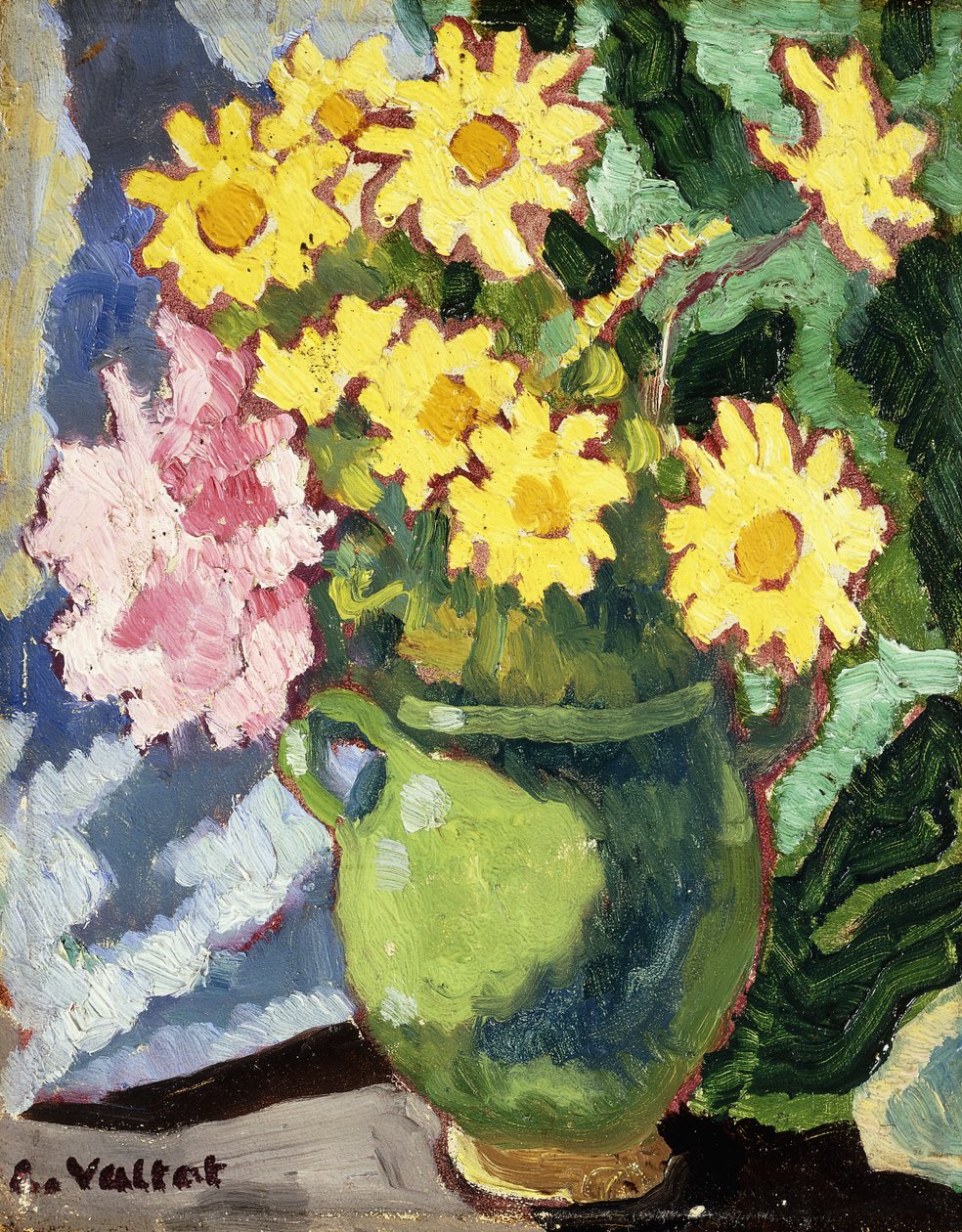 Gelbe Gänseblümchen in einem grünen Krug von Louis Valtat