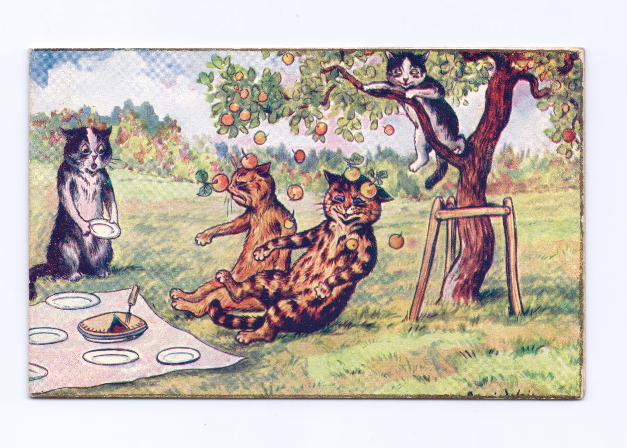 Viktorianische Grußkarte von Äpfeln, die auf zwei Katzen bei einem Picknick fallen, ca. 1880 von Louis Wain