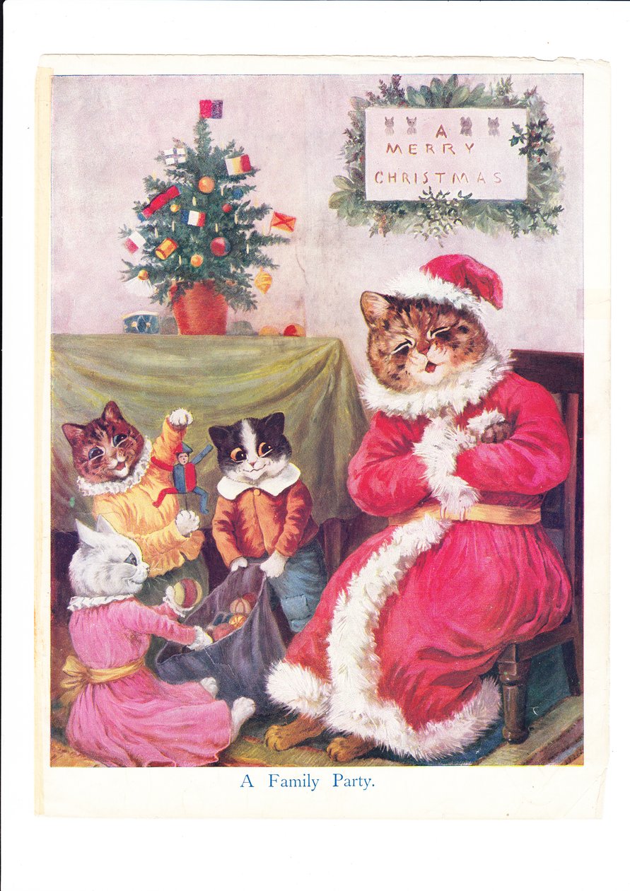 Ein Druck von Louis Wains Weihnachtsfeier der Katzen mit einem vermenschlichten Vaterkater, der als Weihnachtsmann verkleidet ist, umgeben von kleinen Katzen und einem Weihnachtsbaum, ca. 1890 von Louis Wain