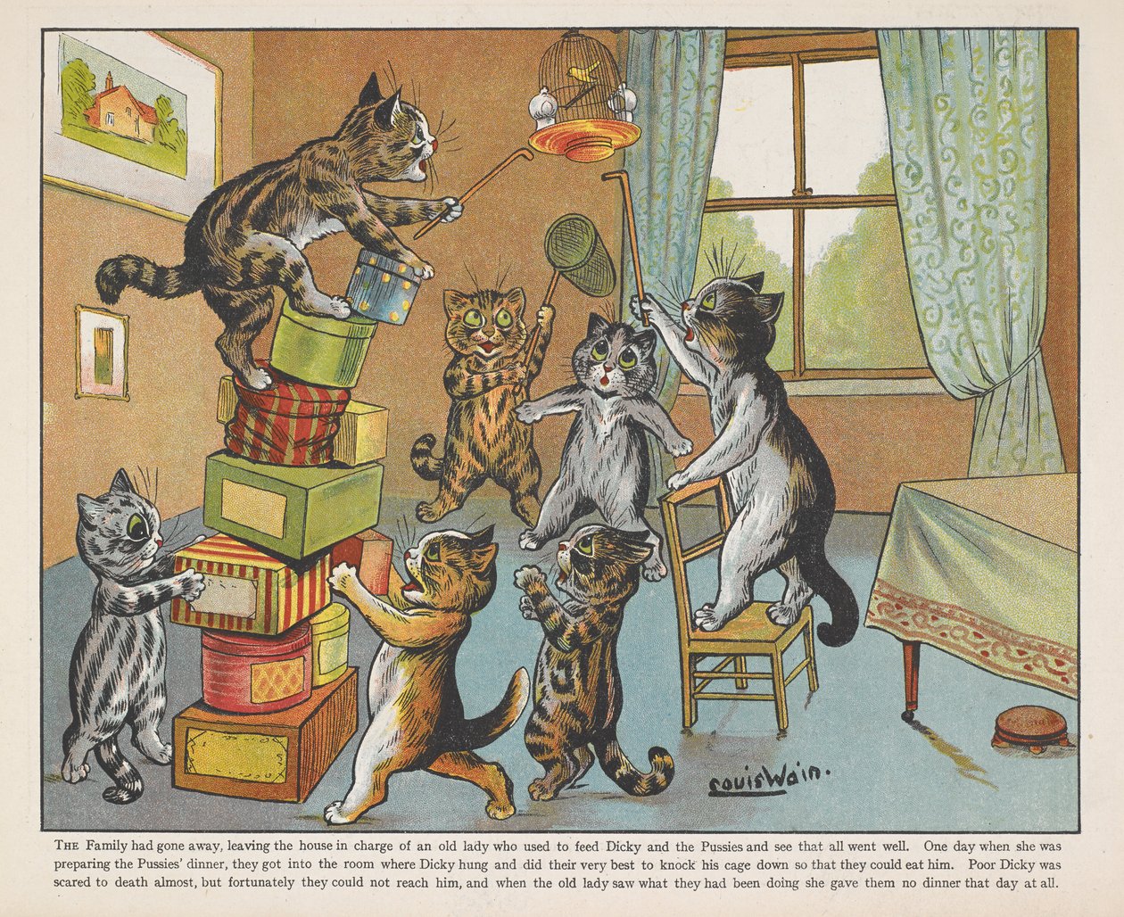 Katzen spielen mit Kisten in einem Raum von Louis Wain