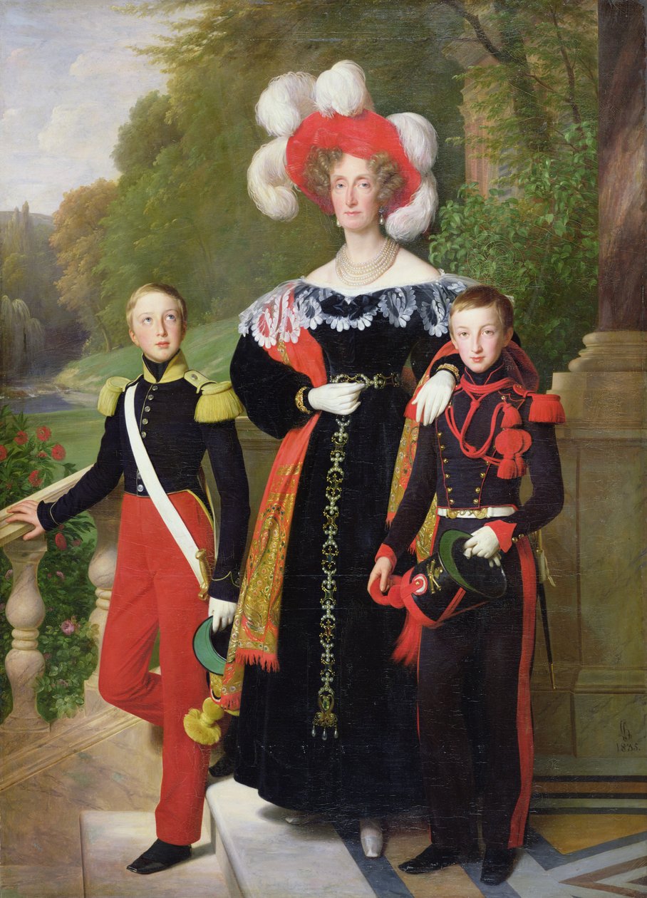 Marie Amelie von Bourbon-Sizilien und ihre Söhne, Henri von Orleans, Herzog von Aumale und Antoine, Herzog von Montpensier, 1835 von Louise Marie Jeanne Hersent