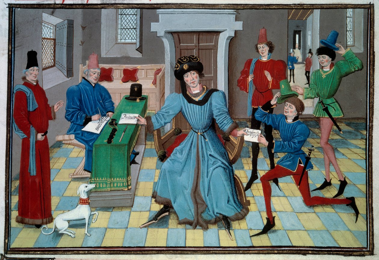 Ankunft eines Miniaturboten aus dem Manuskript „Renaud de Montauban“ oder „Les quatre fils Aymon“ von Loyset Liedet (aktiv zwischen 1448 und 1478). Ms. 5073. 15. Jahrhundert Bibliothèque de l