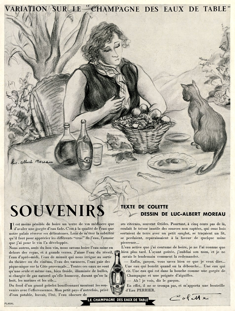Colette vor ihrer Katze, die die Vorzüge von Perrier lobt von Luc Albert Moreau
